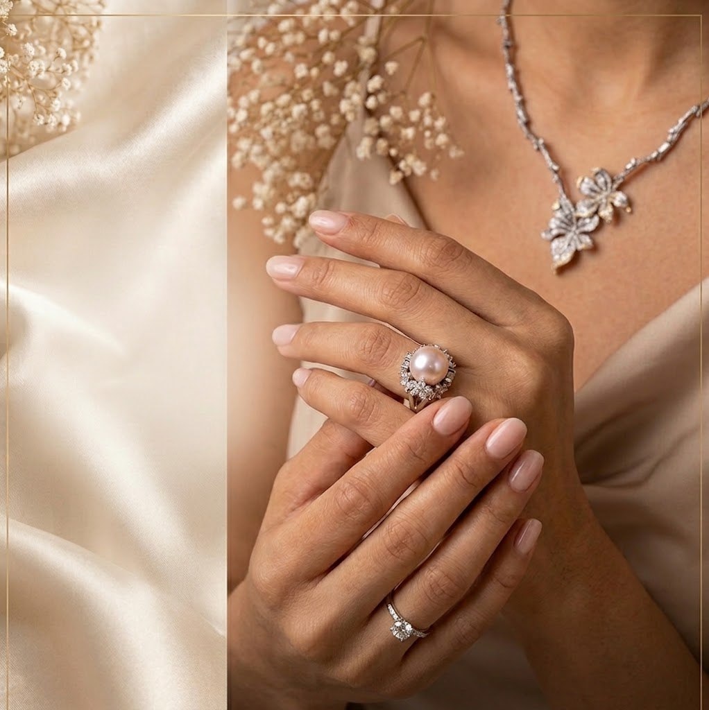 Anillo de perla y anillo de banda Terry's Oro en la mano